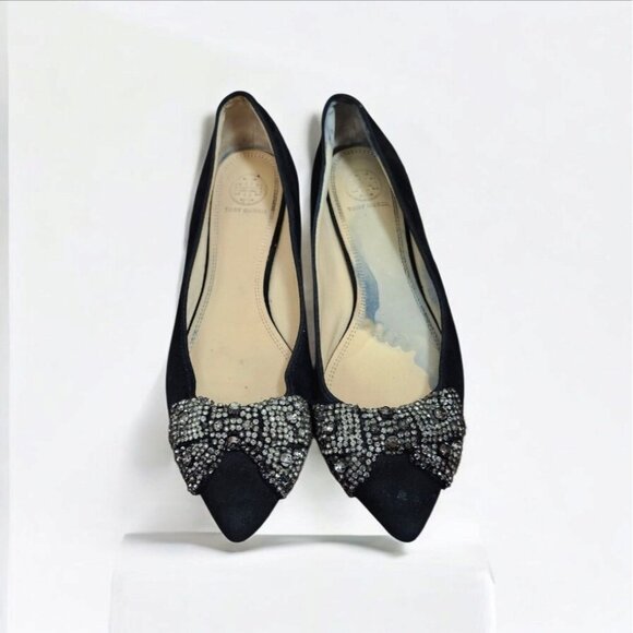 Tory Burch Black Sliver Rhinestone Bow Flats Women Size 8.5 M - Picture 1 of 15